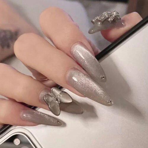 JP948 5-Minute Medium Press-Ons: First-Timer Perfection, No Tools Needed! 🕒👌  press on nails silver flash bowknot removable fake nails