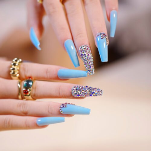 JP1139 Grip-Proof Fake Nails: Survives Yoga Mats & Weightlifting Sessions! 🧘♀️🏋️♀️  press on nails sky blue diamond relief removable new style best press on nails