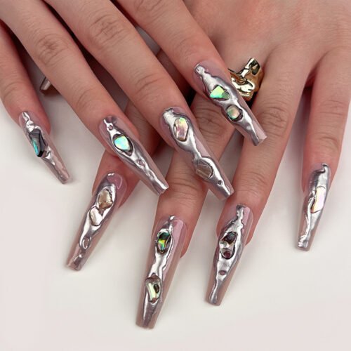 JP3341 Unveil Your Inner Radiance: Reusable 3D Mirror Powder Press On Nails with Gemstones for Y2K Vibes & Effortless Elegance​