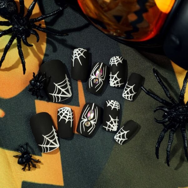 O1CN01NVebyS2NGHlX1suha_!!4234819935-0-cib JP2511 Halloween Matte Black French Tip Press On Nails with Gothic Art Designs - 3D Skull Spider Web Haunted House Patterns Salon Quality Reusable Fake Nails DIY Kit for Women