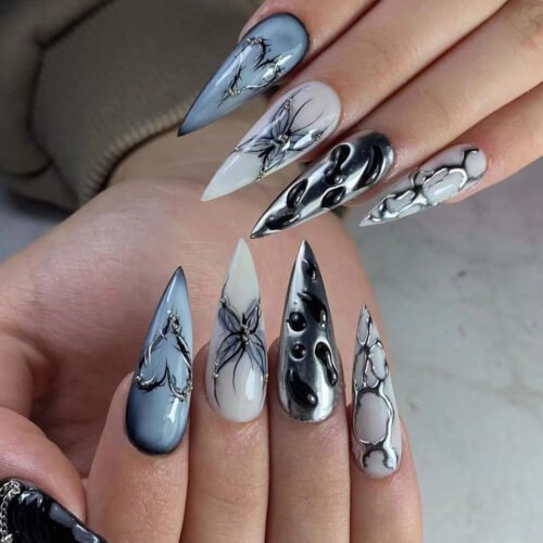 JP3312 Beginner Medium Nails: No Glue, No Skills, 10-Minute Perfection! 👐✨  press on nails 3D butterfly silver pressed  water ripple false nails best press on nails