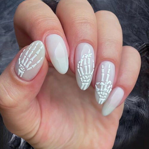 JP3408 Bone-Chilling White Almond Press-Ons: Skull & Skeleton Designs | Reusable Halloween Nails vs. Salon Nightmares! 💀🖤