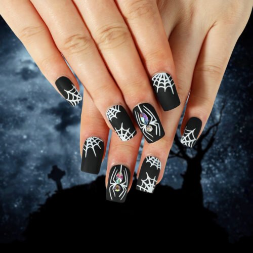 JP2511 Halloween Matte Black French Tip Press On Nails with Gothic Art Designs - 3D Skull Spider Web Haunted House Patterns Salon Quality Reusable Fake Nails DIY Kit for Women
