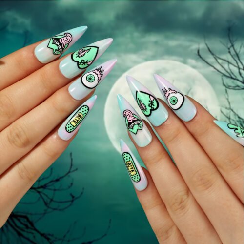 JP2517 Halloween Galaxy Ombre Press On Nails with 3D Green Heart & Eyeball Designs - Lip Pattern Fake Nails Salon Quality Reusable DIY Manicure Kit for Women and Teens Professional Grade
