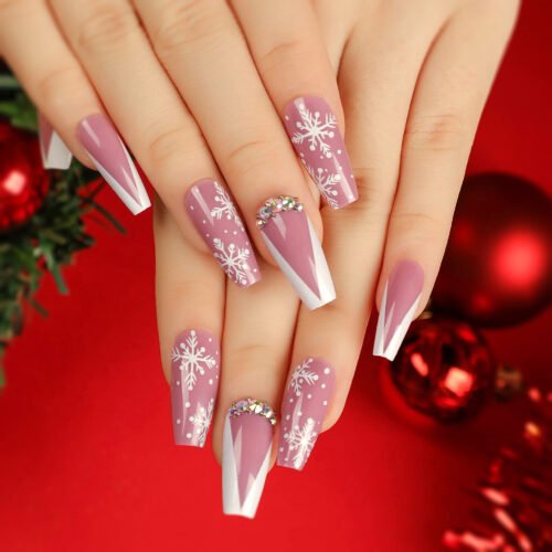 JP2684 5-Minute Medium Press-Ons: First-Timer Perfection, No Tools Needed! 🕒👌  French Christmas pink snow flower rhinestone patterns reusable press on nails fake nails false nails press-ons beauty