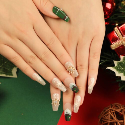 JP2783 Minimalist Medium Press-Ons: Subtle Shine for Video Conferences! 💻✨  Christmas gift 3D pearls rhinestone snow star reusable press on nails fake nails press-ons nail salon beauty