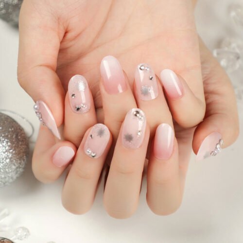 JP2695 Handmade Medium Almond Press-On Nails: French Snow Pink Rhinestone & Reusable Holiday Magic vs. Salons! ❄️✨🎄