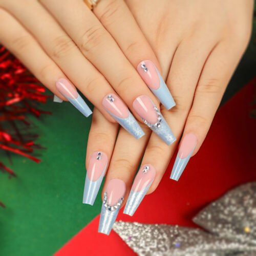 JP2679 Extra-Long French Tip Nails: Waterproof, Reusable & Wedding-Ready! 💍🌟  French blue side snow rhinestone Christmas gift reusable press on nails fake nails press-ons nail salon beauty