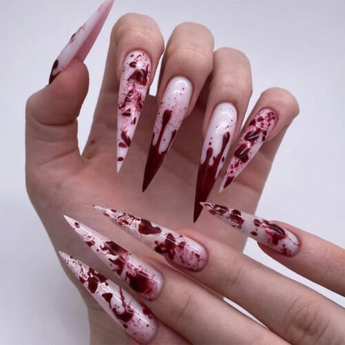 JP3423-Halloween 3D Blood Drip French Press On Nails with Ombre Effect - Long Stiletto Reusable Fake Nails Salon Quality DIY Manicure Set for Women & Teens Professional Grade