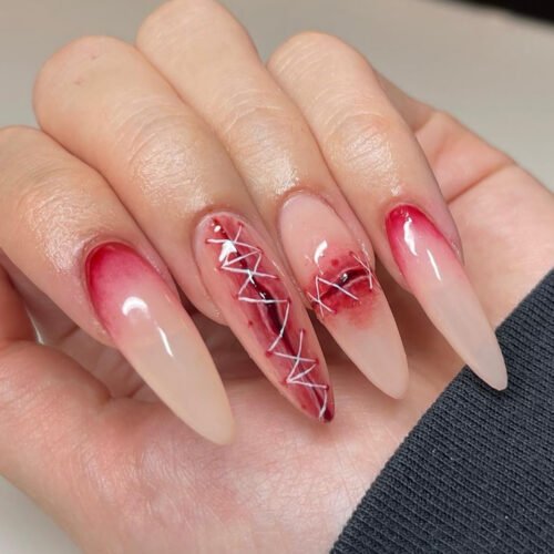 JP3406 Halloween 3D Stitched Wound Press On Nails with Blood Gradient Effect - Professional Realistic Special Effects Fake Nails Salon Quality DIY Manicure Kit for Women and Teens