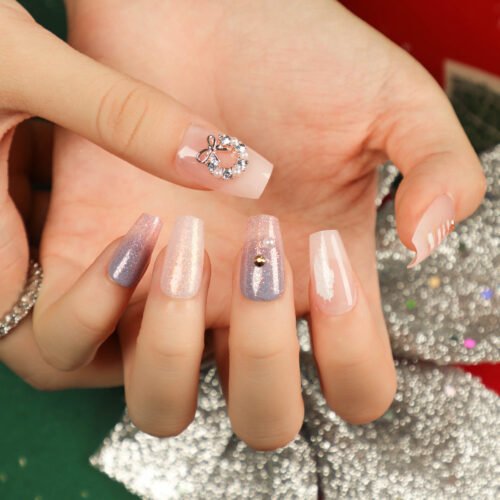 JP2691 Medium Almond Press-On Nails: French Bow, Rhinestones & Snow Glitter | Reusable Holiday Magic vs. Salons! 🎀✨❄️