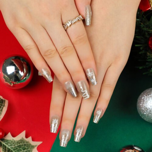 JP2779 Handmade Medium Almond Press-On Nails: French Silver Glitter, Snake & Star Designs | Reusable Holiday Glam vs. Salons! 🐍✨🎄