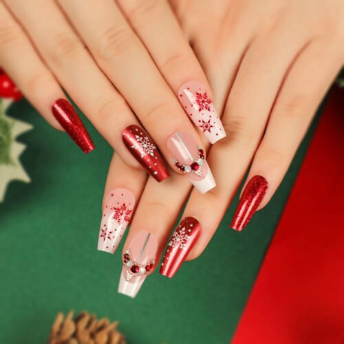 JP2681 Handmade Medium Almond Press-Ons: Snow Glitter, Diamond Rhinestones & Reusable Holiday Glam vs. Salons! ❄️✨🎄