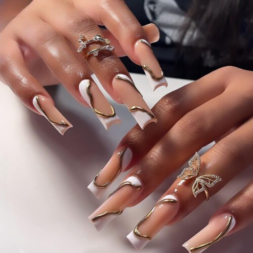 JP2920 Elegant French Tip Press On Nails with 3D Gold Wave Design | Long Ballet Shape | Reusable & Waterproof Fake Nails for Salon-Quality Manicure at Home​