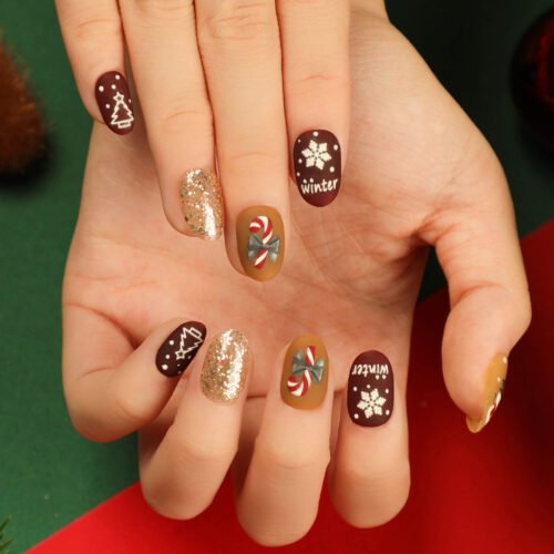 JP2782 Craft-Proof Short Nails: Glue & Glitter Stain Resistant! 🎨✂️  Christmas tree gift glitter crutch patterns reusable press on nails fake nails press-ons nail salon beauty