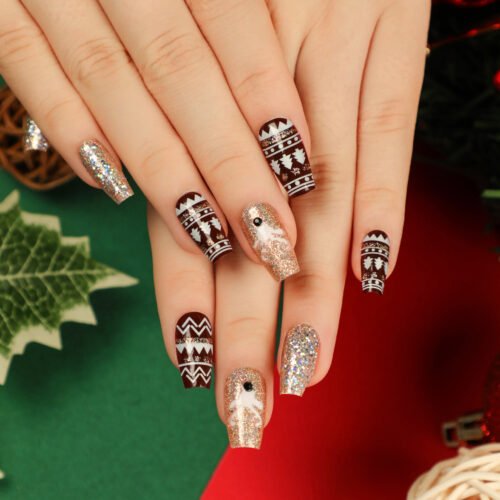 JP2688 Handmade Medium Ballet Elk Press-On Nails: Rhinestone Glitter & Reusable Holiday Elegance vs. Salons! 🦌✨🎄