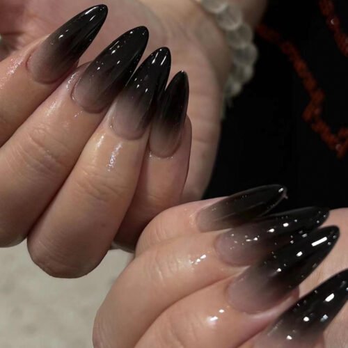 JP3418 Almond Press-On Nails for Work: Silent Typing & Coffee-Proof Shine! 💻☕  French black gradient almond reusable press on nails fake nails press-ons nail salon beauty