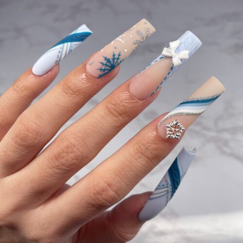 JP3447 Ultra-Long French Tip Press-Ons | Reusable Coffin Nails for Effortless Glam 💅🌟Christmas snow flower 3D bow reusable press on nails press ons fake nails nail salon nails art beauty