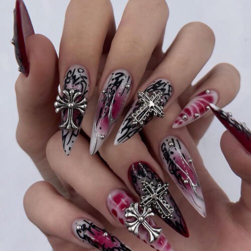 JP2804-Unholy Stiletto Press Ons: 3D Gothic Cross + Burnished Silver Chrome​​ ✦ Make Salons Weep Blood!