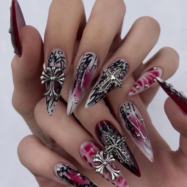 O1CN011hJFyR2NGHoKdQVdD_!!4234819935-0-cib JP2804-Unholy Stiletto Press Ons: 3D Gothic Cross + Burnished Silver Chrome ✦ Make Salons Weep Blood!