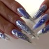 JP3511-🦋 Midnight Garden Stiletto Press-Ons: Where French Tips Dance with Silver Wings​