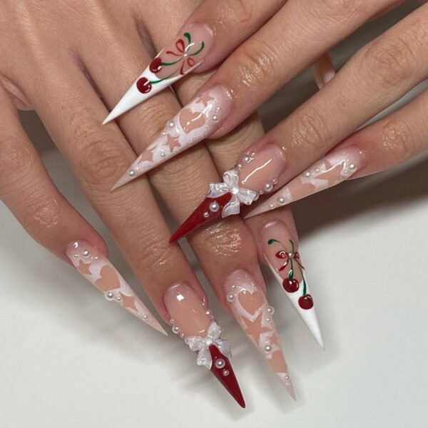 O1CN013Ub7Fo2NGHsiI89s7_!!4234819935-0-cib JP3392-Strawberry Vixen Press Ons: XXL Stiletto w/ 3D Bows & Constellation Charms ✨ Love At First Tap!