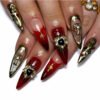 JP3504-Bloodmoon Stiletto Press Ons: Coffin Chrome Hearts Cross ✦ Vintaged Red Glitter Ombré​​ 🖤 Salon Hearts Freeze!