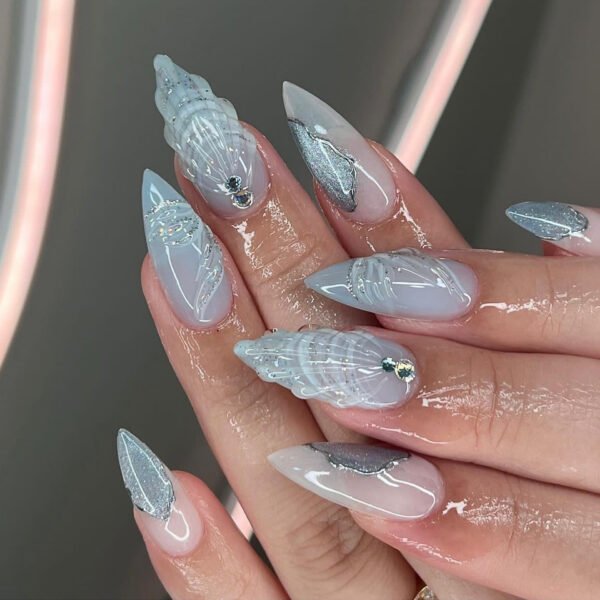 JP2945-❄️ Arctic Elegance: Frosted French Almond Press-Ons with 3D Water-Drop Pearls​​ (Vogue UK: "Cryo-Couture Nails Hauling Boardrooms & Beach Weddings")