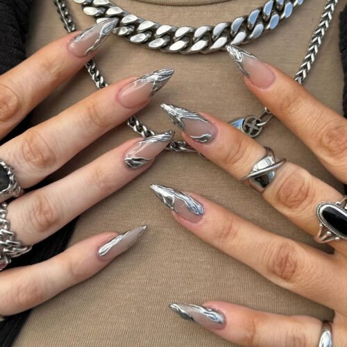 JP3326-⚙️ Quantum Chrome: Architectural French Almonds with Neural-Mapped 3D Forms​​ (Vogue Paris: "Robotic Precision Meets Haute Couture Rebellion")