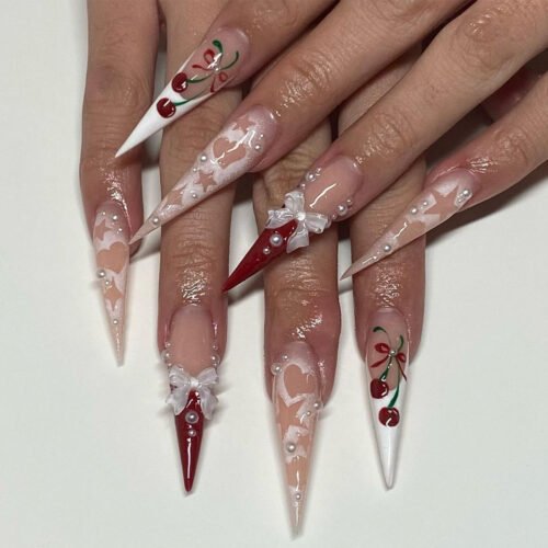 JP3392-Strawberry Vixen Press Ons: XXL Stiletto w/ 3D Bows & Constellation Charms​​ ✨ Love At First Tap!