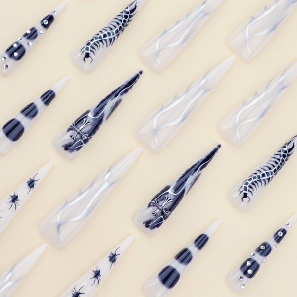 JP3499-🖤 Chrome Silver Flame & Croc Stiletto Press-Ons | Your Nails Just Went Supernova.​