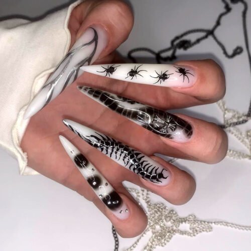 JP3499-🖤 Chrome Silver Flame & Croc Stiletto Press-Ons | Your Nails Just Went Supernova.​