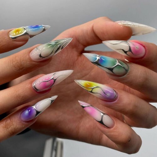JP3476-​Nebula Flame Stiletto Press Ons: Psychedelic Ombré ✦ Quantum Chrome Fire​​ 🌌 Salons Can't Ignite This!