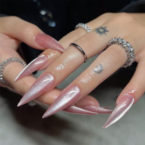 JP3588-💫 Pink Holo Cat-Eye Stiletto Press-Ons | Salon Magic Without the Madness.​