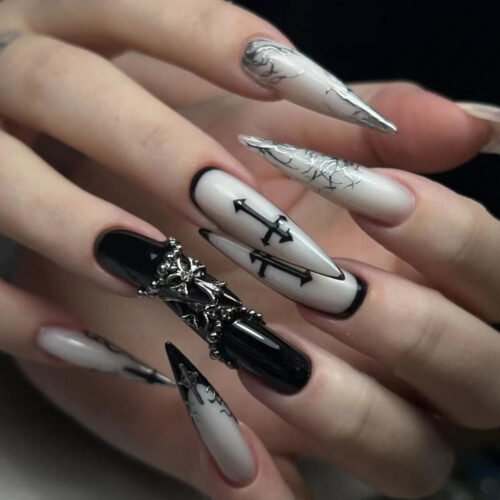 JP3470-Witchcraft Stiletto Press Ons - 3D Gothic Cross & Blood French Tips​​ ✨ Churches Will Stare!