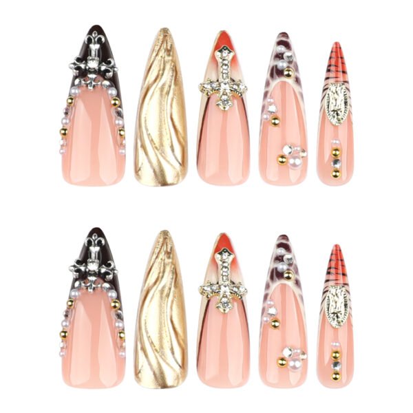 JP3648-Judgment Day Stiletto Press Ons - 3D Cross Chrome ✦ Leopard French Tips​​ ✨ Sinfully Sparkly!