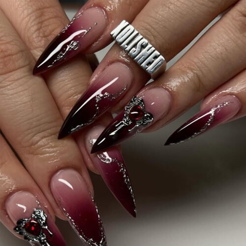 JP3475-Blood Moon Stiletto Press Ons: Obsidian Ombré ✦ Crushed Diamond Venom​​ 💎 Make Salons Bleed Envy!