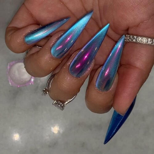​JP3593-Nebula Stiletto Press Ons: Hypnotic Blue Cat's Eye ✦ Quantum Chrome Armor​​ 🌌 Salons Can't Compute This Light!