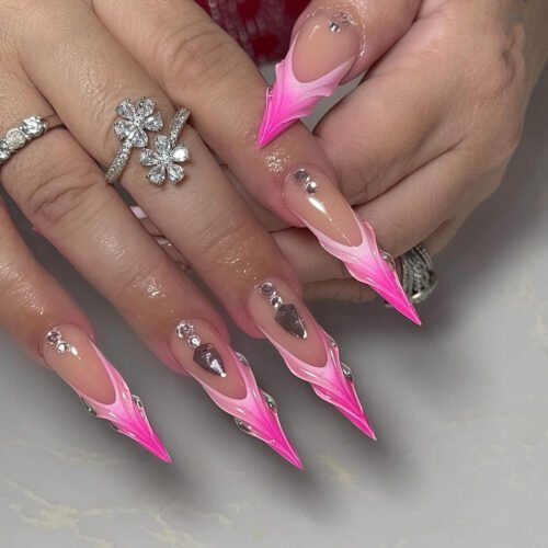 JP3391-Venus Stiletto Press Ons: Rose Chrome Ombré ✦ 3D Crystal Shrapnel​​ ✨ Make Salons Blush!