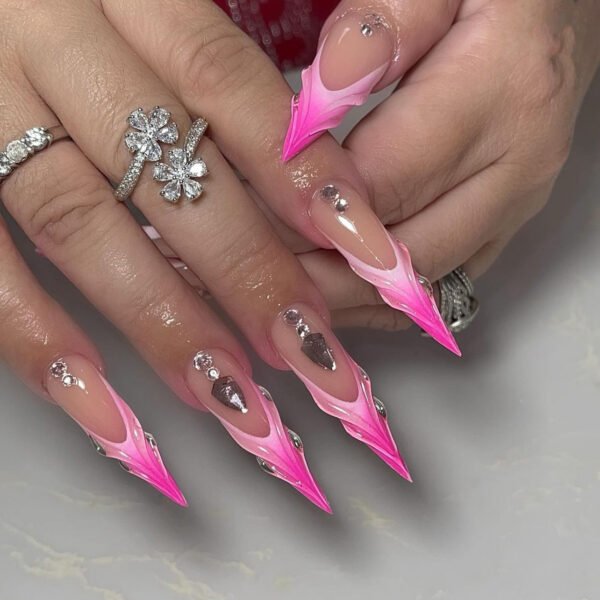 JP3391-Venus Stiletto Press Ons: Rose Chrome Ombré ✦ 3D Crystal Shrapnel​​ ✨ Make Salons Blush!