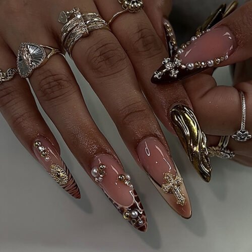 JP3648-Judgment Day Stiletto Press Ons - 3D Cross Chrome ✦ Leopard French Tips​​ ✨ Sinfully Sparkly!