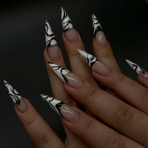 JP2820-⚫️⚪️ Graphic Stripe Stiletto Press-Ons: Rebel Elegance in 5 Minutes​