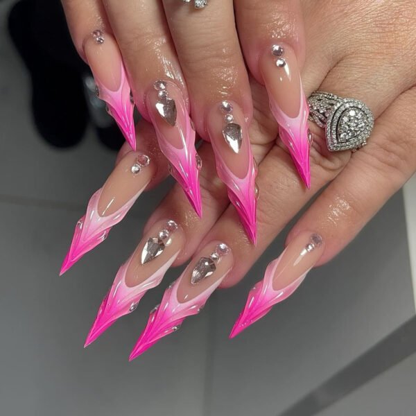 JP3391-Venus Stiletto Press Ons: Rose Chrome Ombré ✦ 3D Crystal Shrapnel​​ ✨ Make Salons Blush!