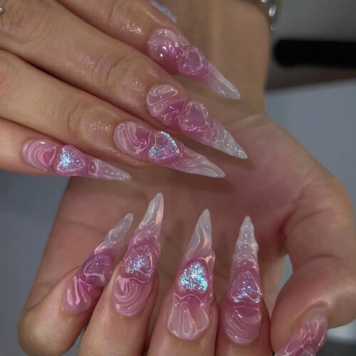 JP3244-Billion Dollar Baby Press Ons: Crushed Diamond Hearts ✦ Cloud Pink Ombré​​ ✨ Salon Hearts Break!