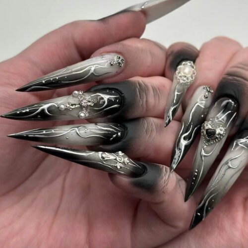 JP3469-Apocalypse Stiletto: Church-Burning Chrome Flames ✦ Vampire's Cross Ombré​​ ☠️ Melt Salons!