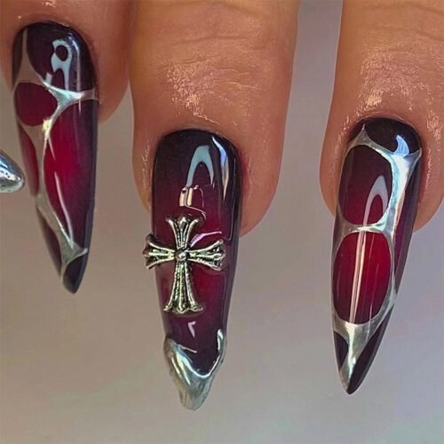 JP2052-⛓️ Silver Chrome Cross Stiletto Press-Ons | Gothic Glam, Zero Chains to Salons.​