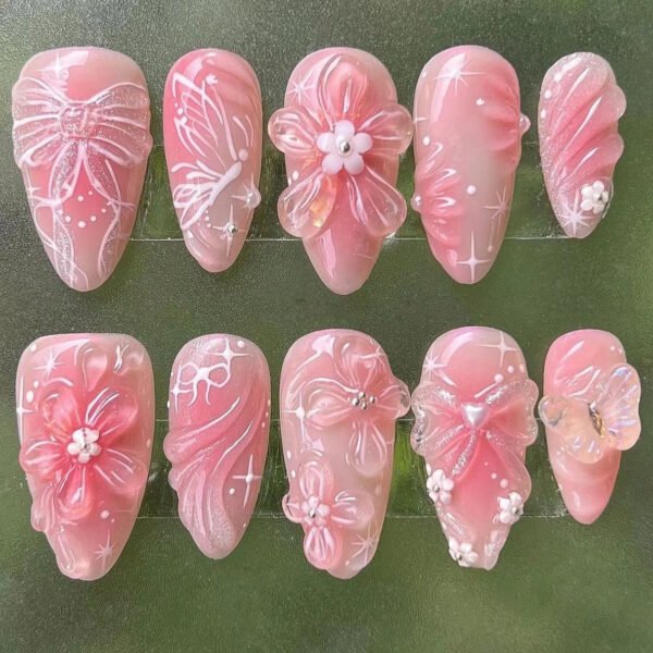 JP3402-🎀 Sweetheart Supremacy: Surgical Pink Almonds w/ Hemodynamic Bows & Florals​​ (Vogue: "Pediatric Haute for the Scalpel Princess")