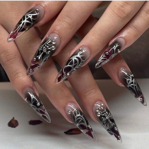 JP2808-Sanctuary Stiletto Press Ons: Gothic Arch Crosses ✦ Cursed Black Ice Diamonds​​ ☠️ Make Salons Repent!