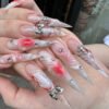 JP3512-Rebel Bow Press Ons: Molten Metal 3D Hearts ✦ Blood Ombré Stilettos​​ ⛓️ Salons Can't Contain This!