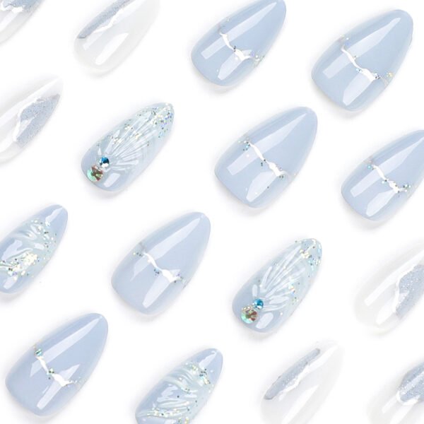 JP2945-❄️ Arctic Elegance: Frosted French Almond Press-Ons with 3D Water-Drop Pearls​​ (Vogue UK: "Cryo-Couture Nails Hauling Boardrooms & Beach Weddings")